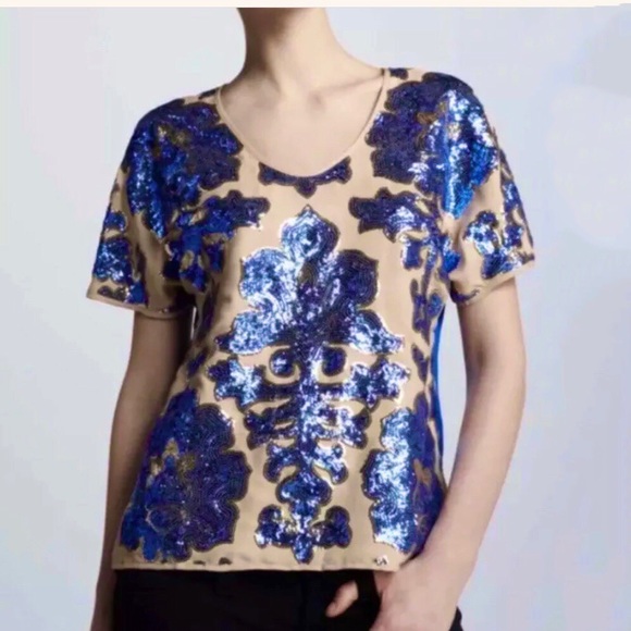Tracy Reese Tops - Tracy Reese blue gold sequin top blouse XXL